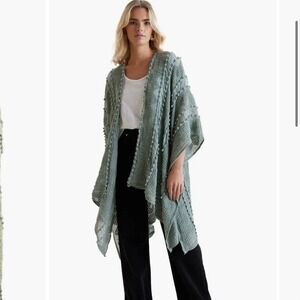 Anthropologie Saachi SHEER POMPOM DUSTER IN SAGE Oversized OS